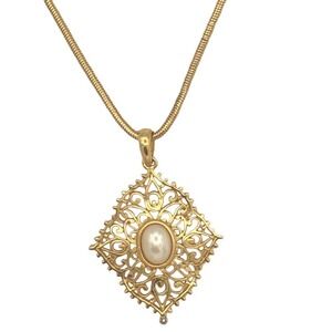 Vintage Faux Pearl Filigree Gold Tone Pendant 37” Necklace Extra Long Chain